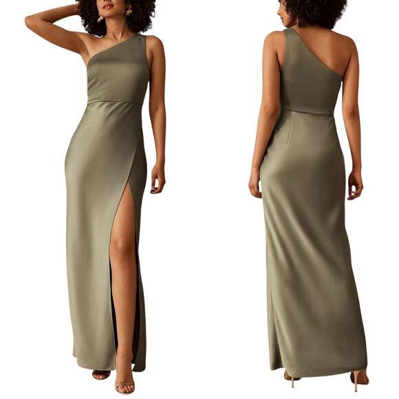 BHLDN Dylan One-Shoulder Satin Side-Slit Maxi Dress in Moss Green size 6 - Picture 1 of 10